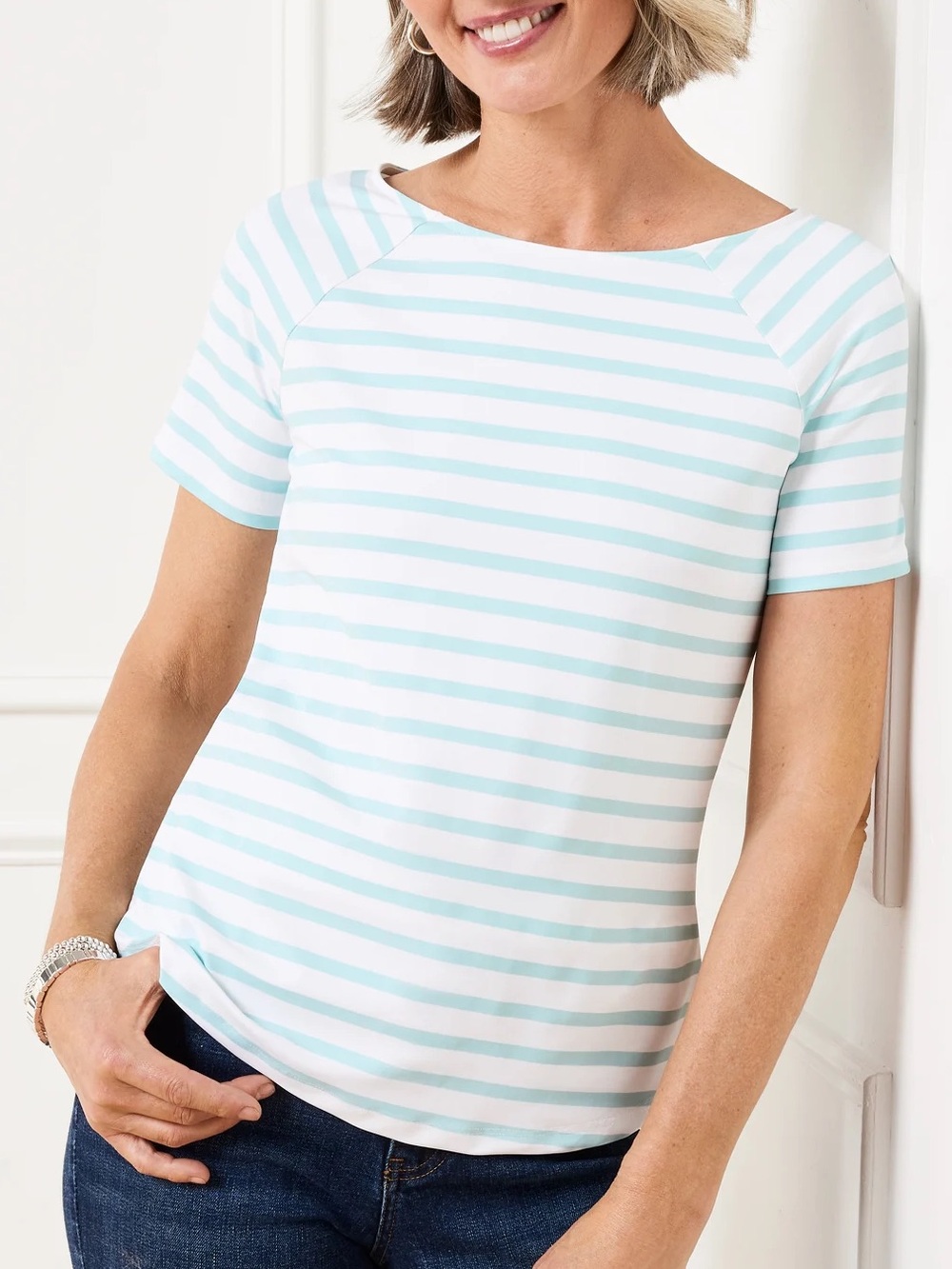 Talbots Plus Women 2X White Blue Effortless Jersey Stripe Bateau Neck Tee NWOT